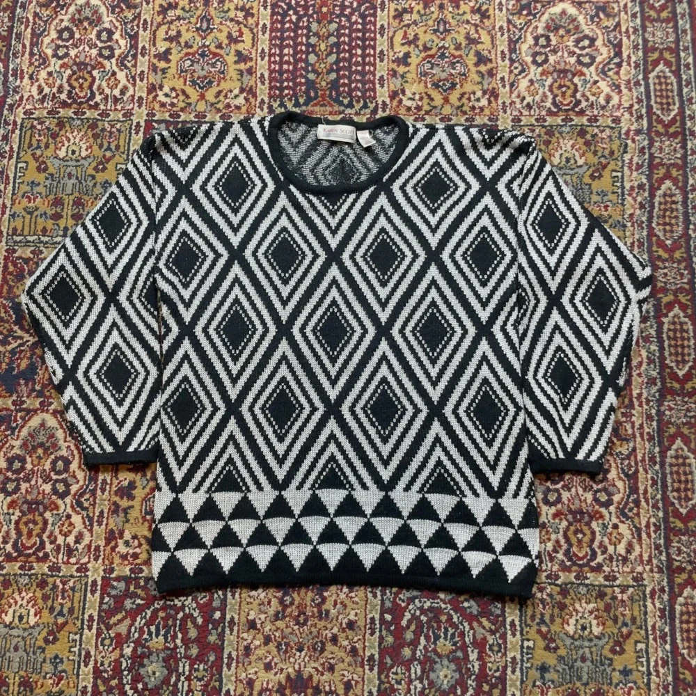 Karen Scott Mens‎ Geometric Diamond Knit Sweater Black White Metallic Size L